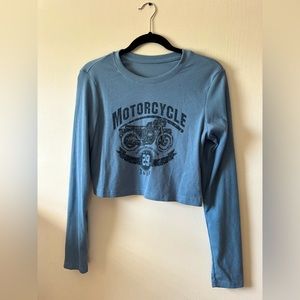 Blue cozy long sleeve motorcycle sheen shirt that is a size L